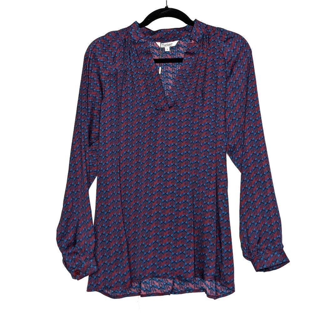 Tucker Long Sleeve Polo Blouse Plum Ribbons in Stretch Georgette Silk Top V Neck
